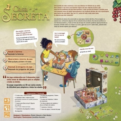 Jogo de tabuleiro Casa Secreta com peças e cartas coloridas numa mesa e caixa do jogo ao lado.