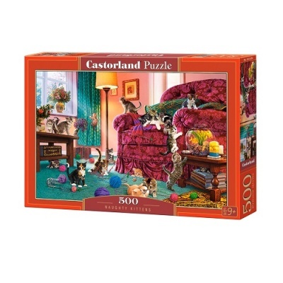 Caixa de quebra-cabeça Castorland com imagem de gatinhos e texto 500 Naughty Kittens