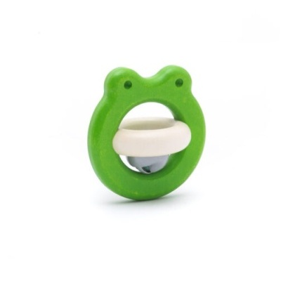 Brinquedo para bebés verde em forma de rã com anel branco e guizo