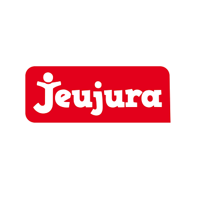 Logótipo vermelho e branco com texto Jeujura