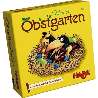 Caixa amarela do jogo Kleiner Obstgarten com ilustração de corvo e frutas
