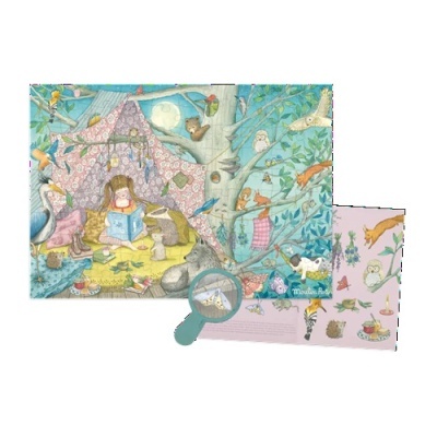 Ilustração infantil colorida com criança numa tenda e vários animais na floresta