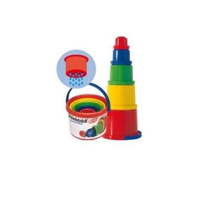 Conjunto de copos de medição coloridos empilhados com embalagem redonda branca