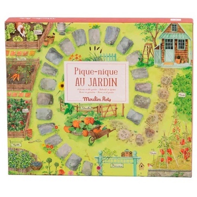 Jogo de tabuleiro de jardim com pedras e plantas, texto 'Pique-nique AU JARDIN'