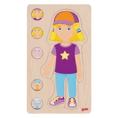 Quebra-cabeça de madeira com figura de menina e cinco peças redondas com rostos variados