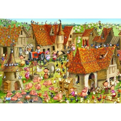 Ilustração de aldeia rural animada com animais, pessoas e casas de telhado vermelho