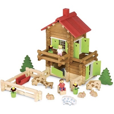 Brinquedo casa de campo em madeira com figuras humanas e animais e acessórios