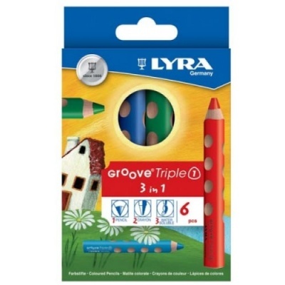 Embalagem azul e amarela de lápis de cor LYRA Groove Triple 3 em 1, 6 unidades
