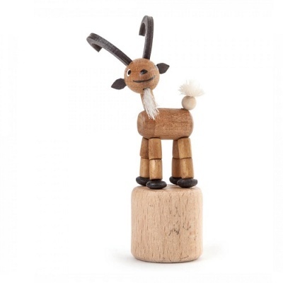 Boneco de cabra em madeira com patas articuladas e base redonda
