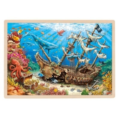 Puzzle com imagem de navio pirata afundado e vida marinha colorida