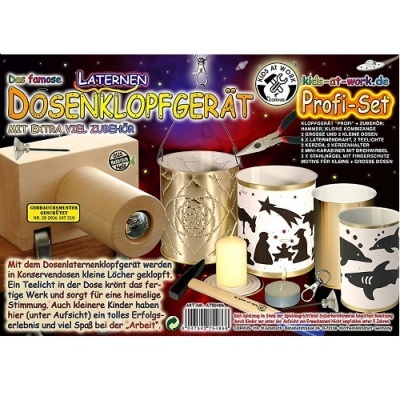 Kit Profi-Set para Lanternas Dosenklopfgerät com latas decoradas e ferramentas para buracos.