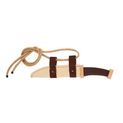 Faca com bainha bege, alça castanha, corda natural amarrada