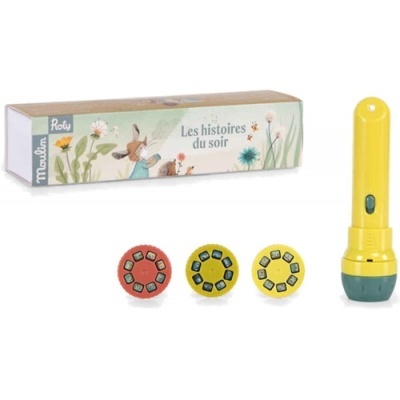 Projetor de brinquedo amarelo com três discos e caixa com ilustração e texto
