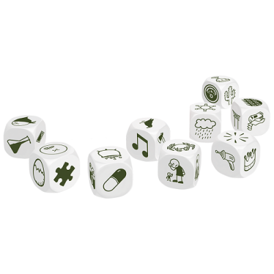 Dados brancos com desenhos pretos variados, sobre fundo branco