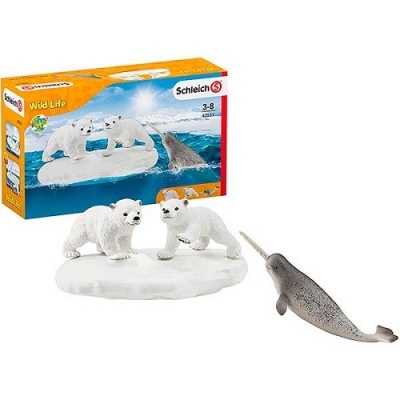 Brinquedo Schleich Wild Life com ursos polares e narval em base de gelo