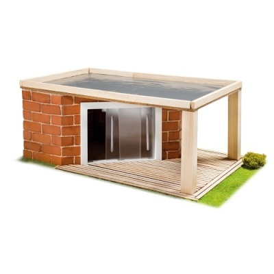 Modelo de casa pequena com paredes em tijolo vermelho e porta de vidro dupla