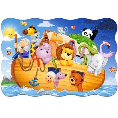 Tapete infantil colorido com Arca de Noé e vários animais em cenário de dia e noite