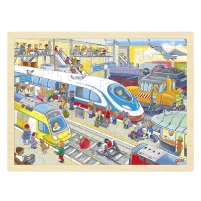 Quebra-cabeça com comboios e pessoas numa estação ferroviária colorida, marca goki.