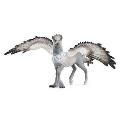 Figura de grifo cinzento e branco com asas abertas