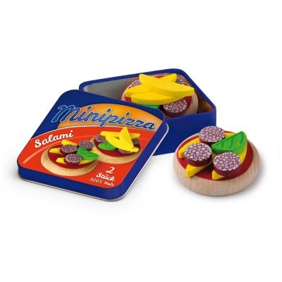 Mini pizzas de madeira com caixa metálica azul e vermelha rotulada