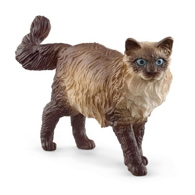 Figura decorativa de gato castanho com olhos azuis a andar com cauda erguida