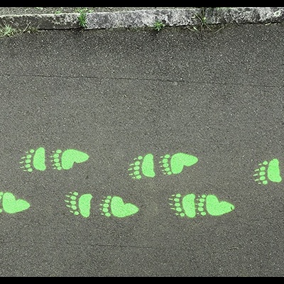 Pegadas verdes pintadas em asfalto em padrão repetitivo