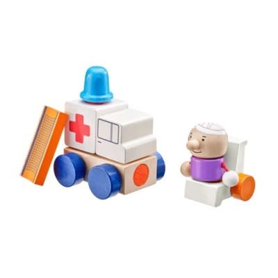 Brinquedo de madeira ambulância com boneco médico