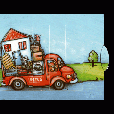 Ilustração de camião de mudanças vermelho com casa e móveis, fundo azul com árvore e relva