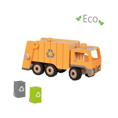 Camião de lixo de madeira laranja com contentores de reciclagem verdes e cinza