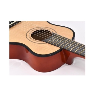 Guitarra acústica madeira clara e castanha com cordas e escala escura