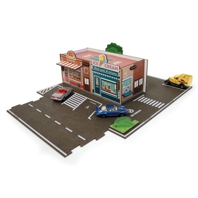 Miniatura de conjunto urbano com duas lojas e carros