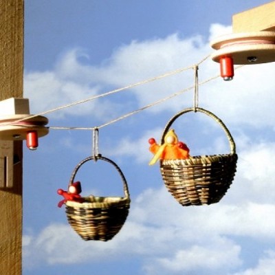 Sistema de transporte por corda com cestas de vime e bonecos, céu azul