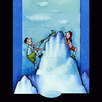 Dois bonecos de papel a escalar montanha de neve com céu azul e nuvens