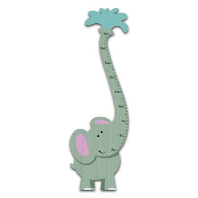 Medidor de altura infantil elefante verde com tromba azul e marcações em centímetros