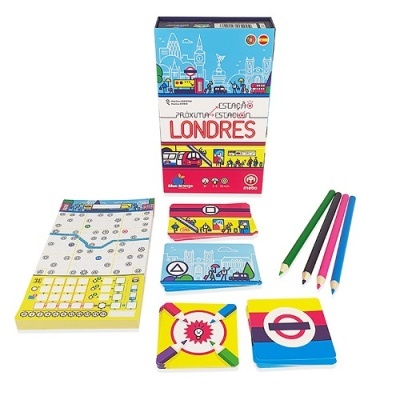 Jogo de tabuleiro Estação Próxima Estación Londres com cartas, lápis de cor e bloco de papel