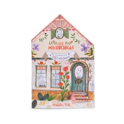 Embalagem em forma de casinha com ilustrações coloridas de janelas e porta, contendo 150 autocolantes LES P'TITS MINOUCHKAS