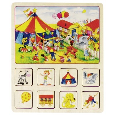 Quebra-cabeças de madeira com ilustrações de circo coloridas e peças destacáveis.