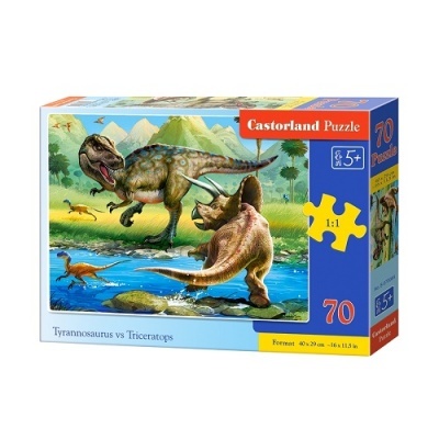 Caixa de puzzle Castorland com dinossauros Tyrannosaurus vs Triceratops e 70 peças