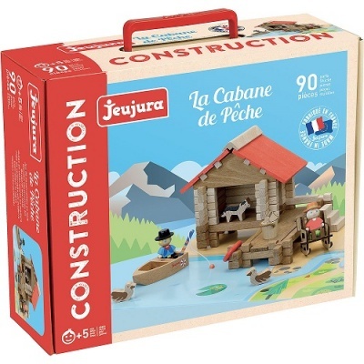 Jogo de construção Jeujura La Cabane de Pêche com peças de madeira para montar cabana e acessórios de pesca