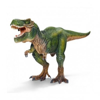 Figura de dinossauro Tyrannosaurus rex verde e marrom com boca aberta