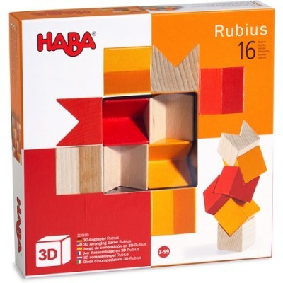 Caixa de jogo de construção 3D Rubius da HABA com peças coloridas de madeira