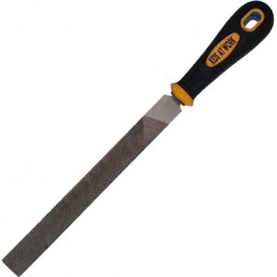 Lima quadrada com cabo preto e laranja e inscrição 'TOOLS IN WORK'