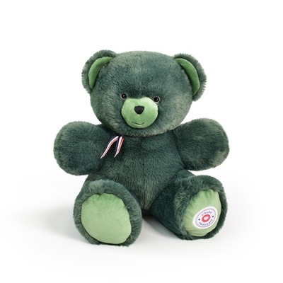 ursinho de peluche verde com focinho mais claro e fita decorativa