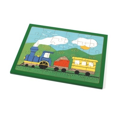 Quebra-cabeças infantil de madeira com imagem de comboio colorido e moldura verde