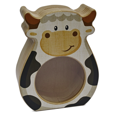 Caixa de madeira em forma de vaca com design colorido e buraco circular