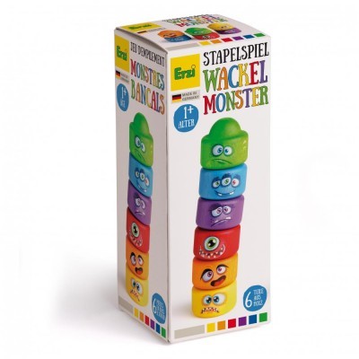 Caixa de jogo de empilhamento Wackel Monster com seis blocos coloridos de monstros