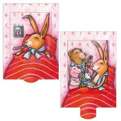 Ilustração de coelho doente na cama com um cobertor vermelho às riscas e amigos a oferecer flores