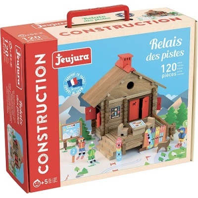 Caixa de conjunto de construção Jeujura 'Relais des pistes' com 120 peças para montar uma casinha de madeira e figuras