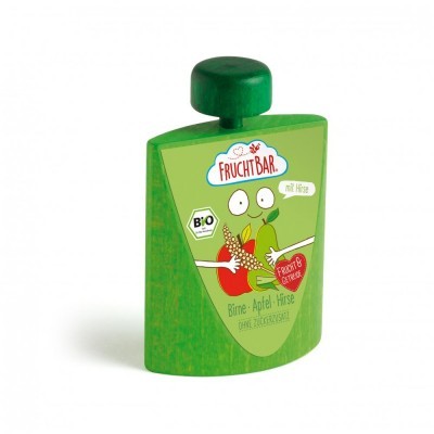 Embalagem verde de puré de fruta FruchtBar com ilustração e texto em alemão.