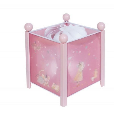 Caixa decorativa quadrada rosa com ilustrações e estrutura de madeira